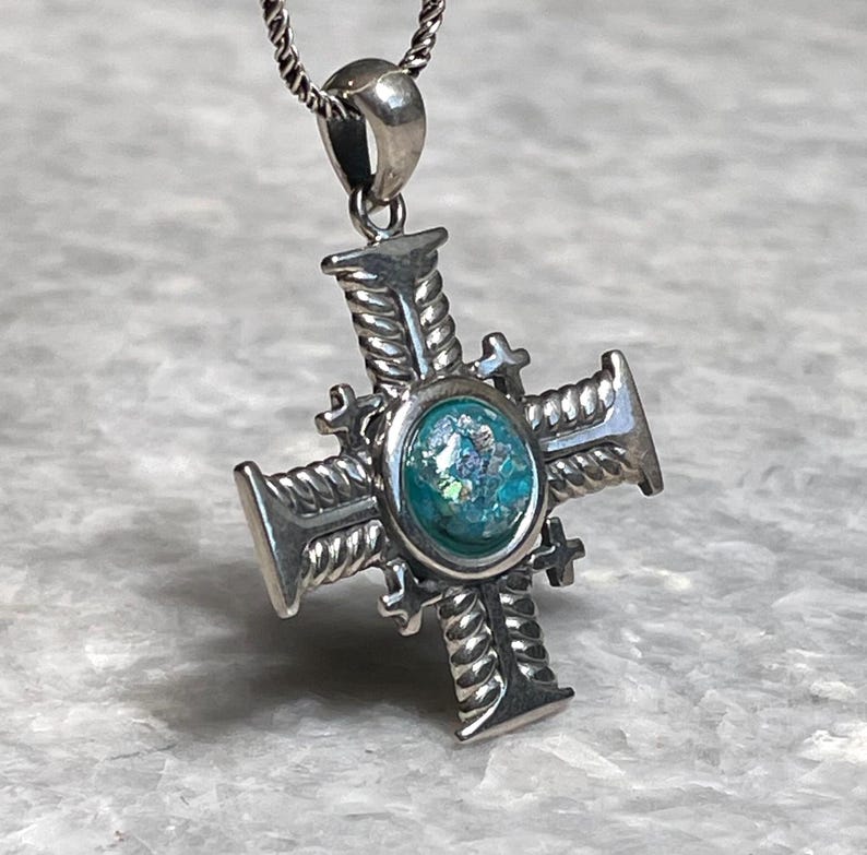 Cross Pendant with roman glass, 925 silver, christian gift, cross pendant, cross necklace, roman glass necklace, birthday unisex jewelry
