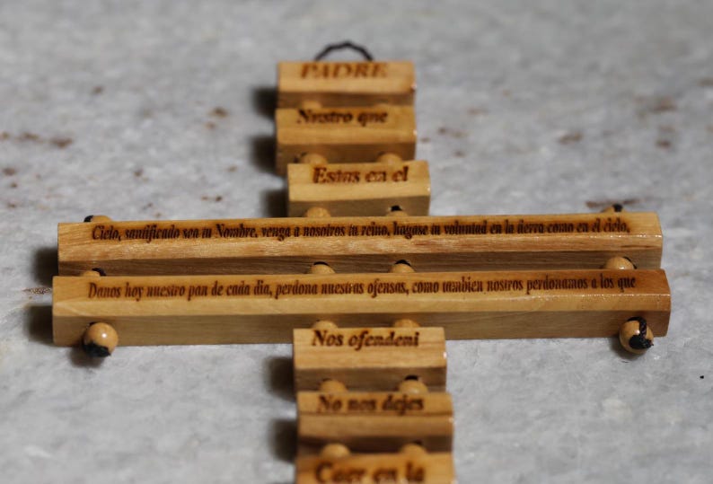 Olive Wood Cross Blessing Our Father Prayer, Carving on olive wood, hand made in the Holy Land with shape of Holy cross, blessing for home