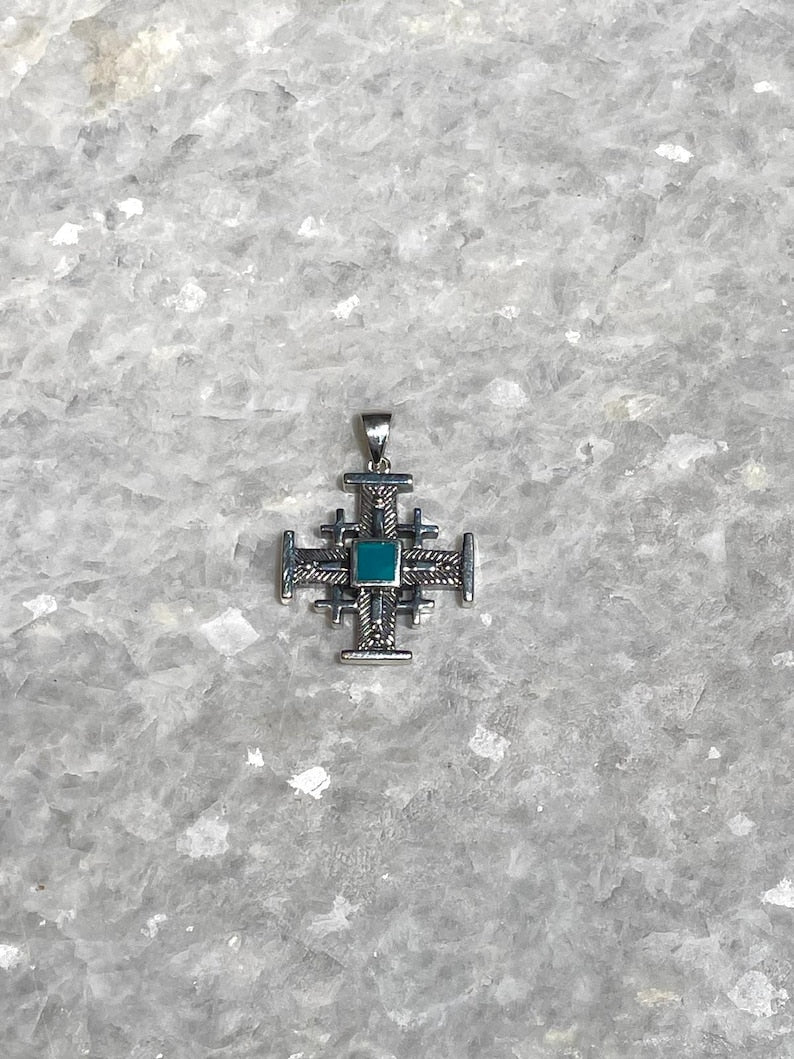 Jerusalem Cross Necklace With Eilat Stone, 925 silver, Silver Cross Necklace, Christian gift, Religious Gift, uniqe cross jewelry