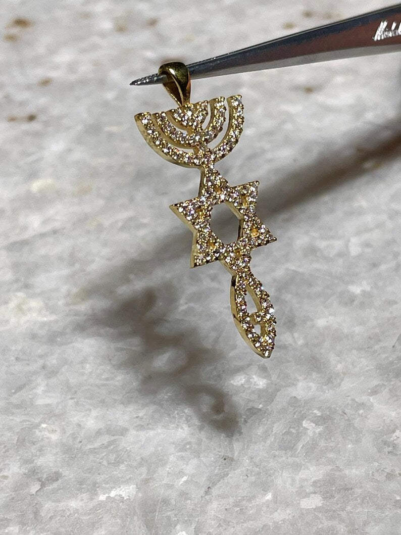 Diamond Messianic Pendant, 14 Gold, Messianic Jewelry, christian gift, Baptism Gift, Gold Messianic Necklace, Messiah necklace, 14k judaica