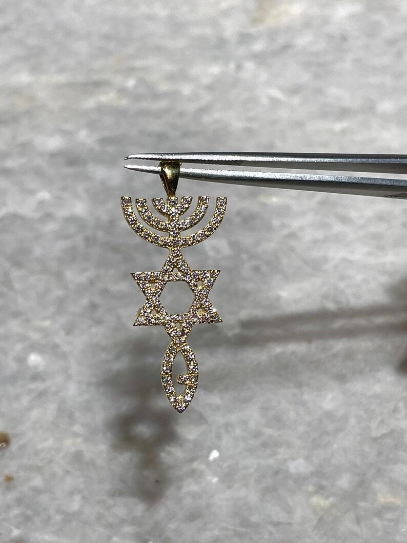 Diamond Messianic Pendant, 14 Gold, Messianic Jewelry, christian gift, Baptism Gift, Gold Messianic Necklace, Messiah necklace, 14k judaica