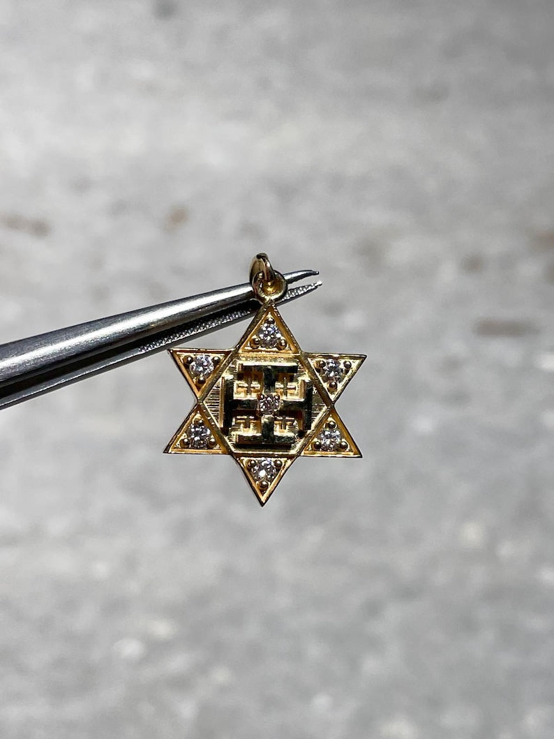 Diamonds Jerusalem Cross and Star of David Necklace, 14k Gold, jewish star, cross pendant, jewish and christian necklace, evangelical