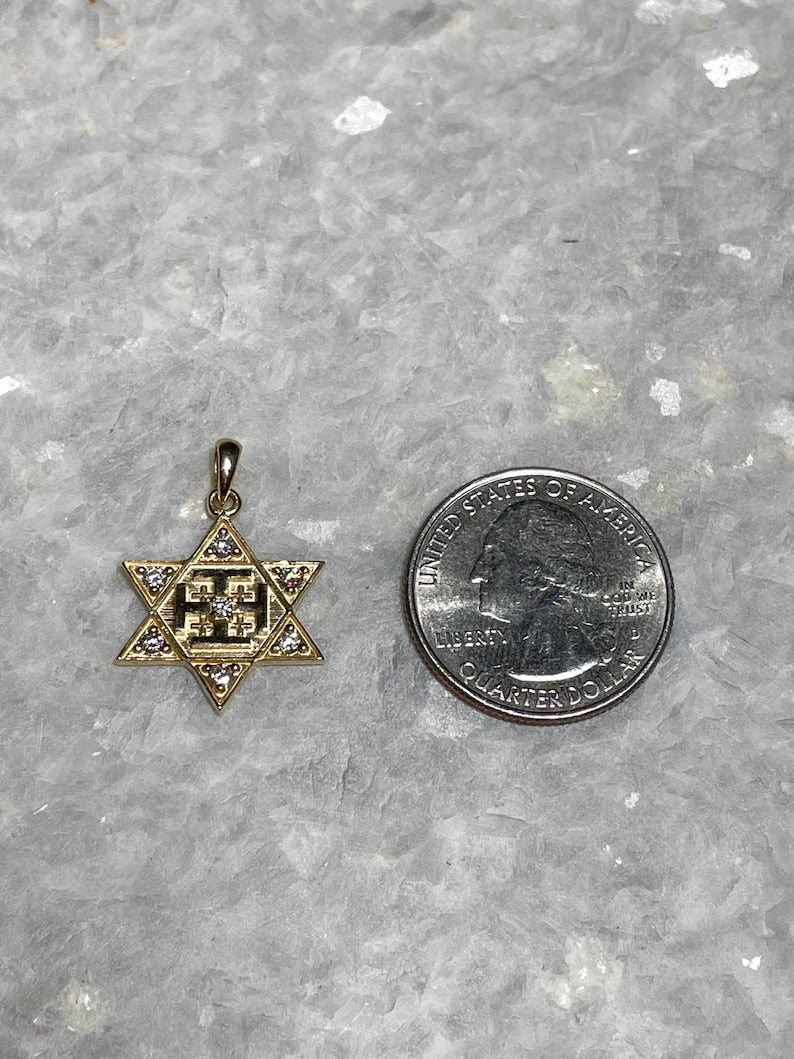 Diamonds Jerusalem Cross and Star of David Necklace, 14k Gold, jewish star, cross pendant, jewish and christian necklace, evangelical