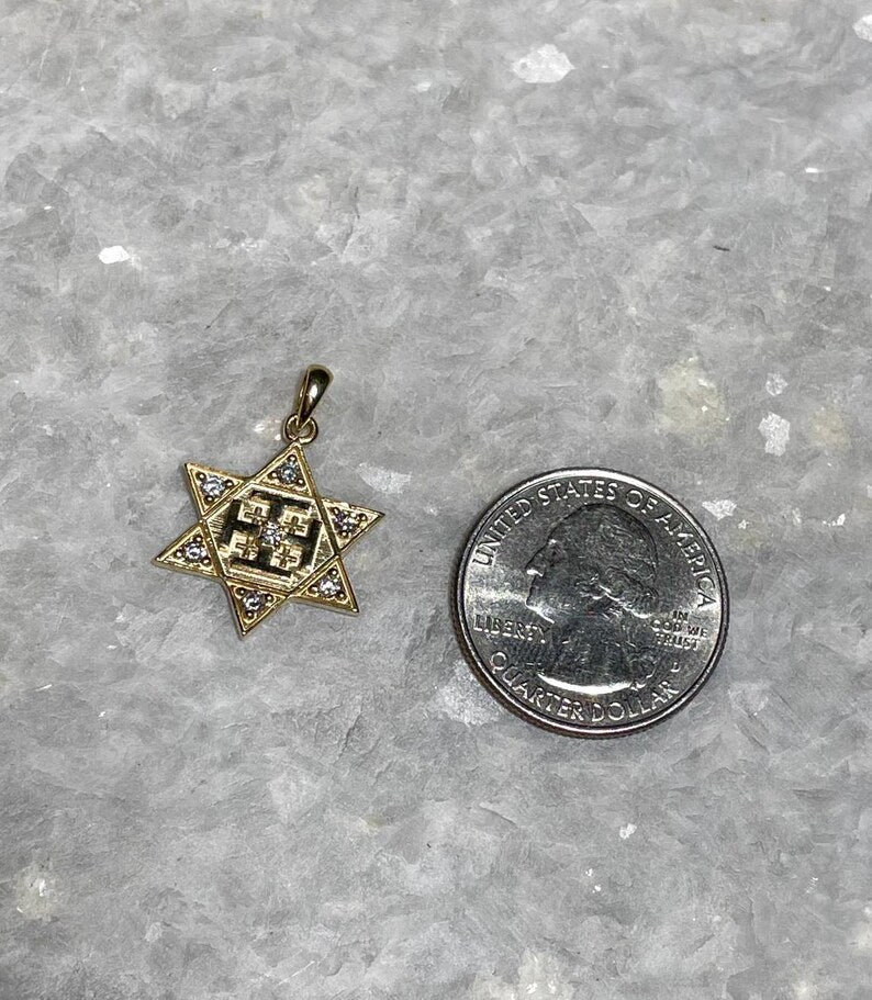 Diamonds Jerusalem Cross and Star of David Necklace, 14k Gold, jewish star, cross pendant, jewish and christian necklace, evangelical