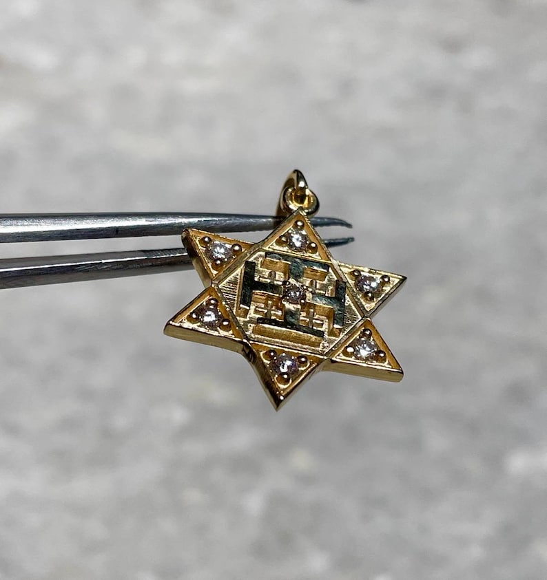 Diamonds Jerusalem Cross and Star of David Necklace, 14k Gold, jewish star, cross pendant, jewish and christian necklace, evangelical