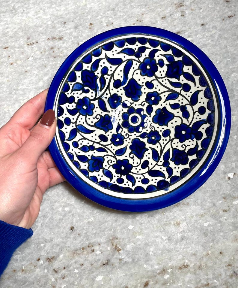 Blue and White Ceramic Plate, Handmade pottery, Kitchen decor, Spoon holder for kitchen, Judaica, Home Decor, New Home Gift, round plate