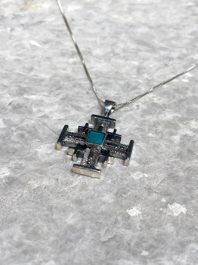 Jerusalem Cross Necklace With Eilat Stone, 925 silver, Silver Cross Necklace, Christian gift, Religious Gift, uniqe cross jewelry