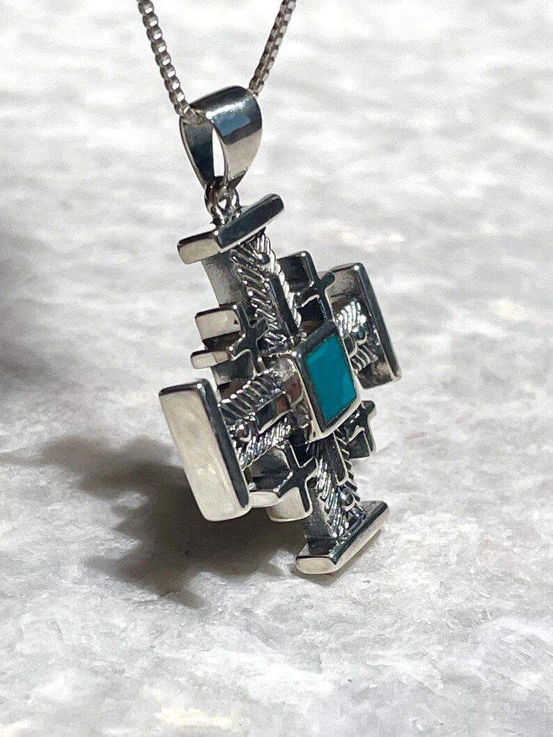 Jerusalem Cross Necklace With Eilat Stone, 925 silver, Silver Cross Necklace, Christian gift, Religious Gift, uniqe cross jewelry