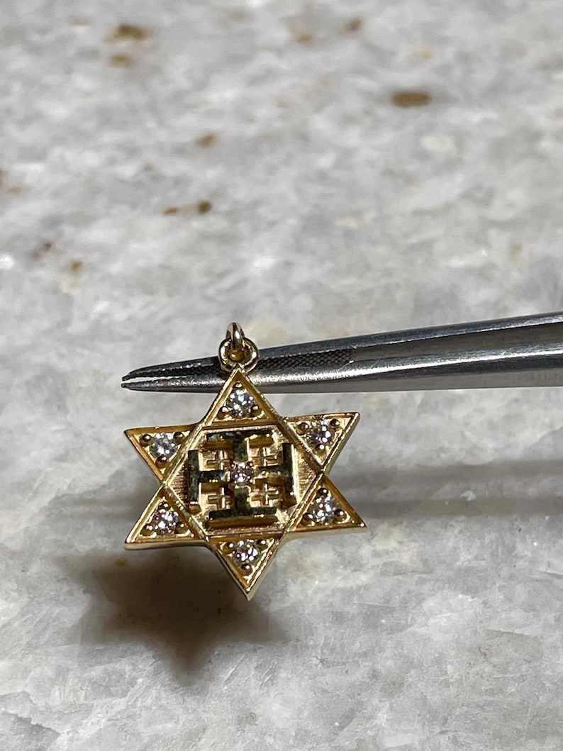 Diamonds Jerusalem Cross and Star of David Necklace, 14k Gold, jewish star, cross pendant, jewish and christian necklace, evangelical
