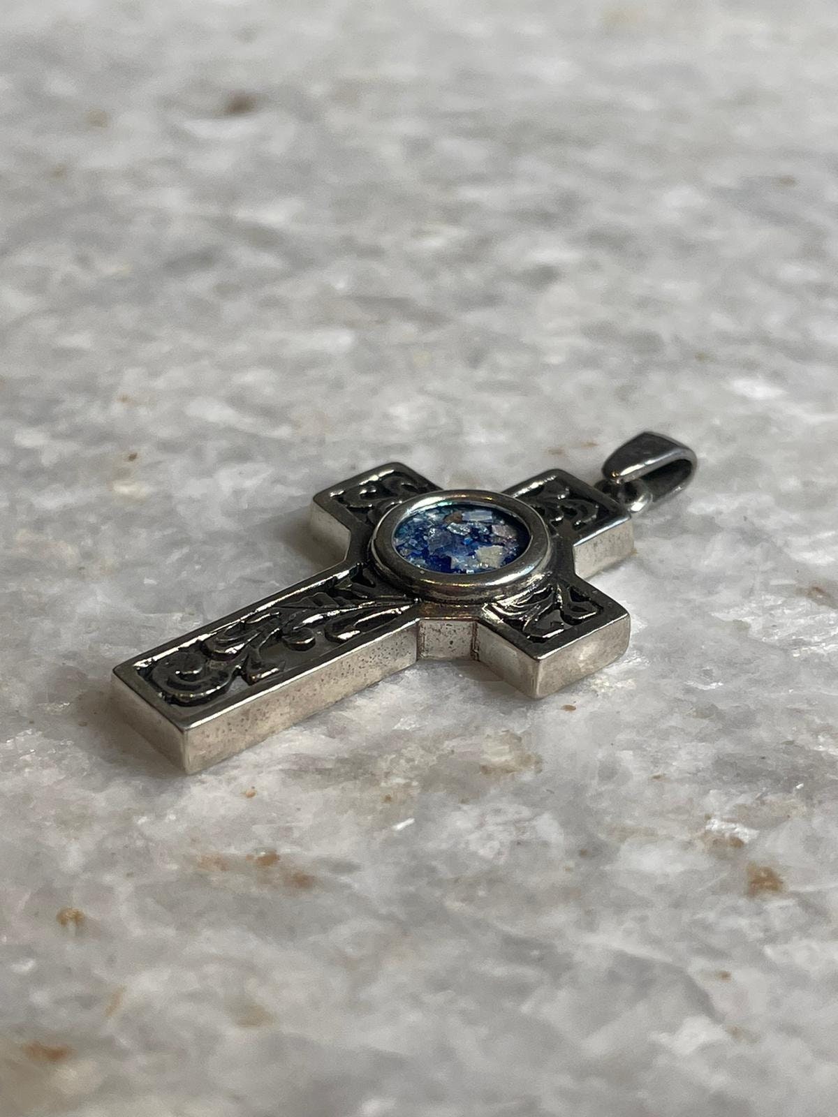 Cross Pendant with roman glass, 925 silver, christian gift, cross pendant, cross necklace, roman glass necklace, birthday unisex jewelry