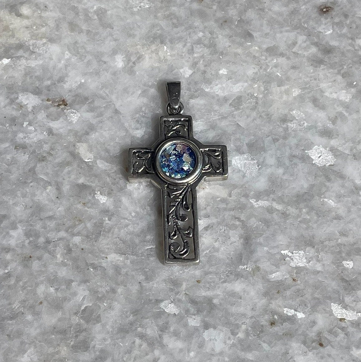 Cross Pendant with roman glass, 925 silver, christian gift, cross pendant, cross necklace, roman glass necklace, birthday unisex jewelry