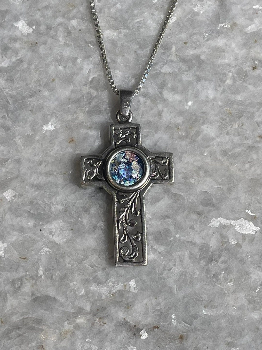 Cross Pendant with roman glass, 925 silver, christian gift, cross pendant, cross necklace, roman glass necklace, birthday unisex jewelry