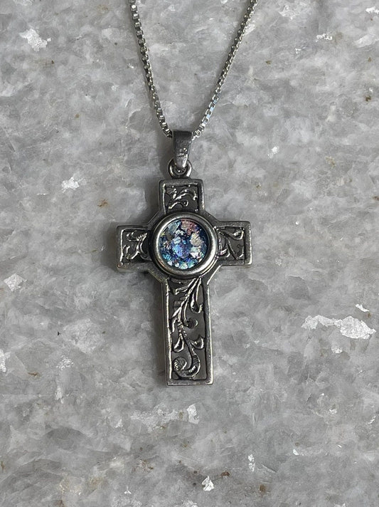 Cross Pendant with roman glass, 925 silver, christian gift, cross pendant, cross necklace, roman glass necklace, birthday unisex jewelry