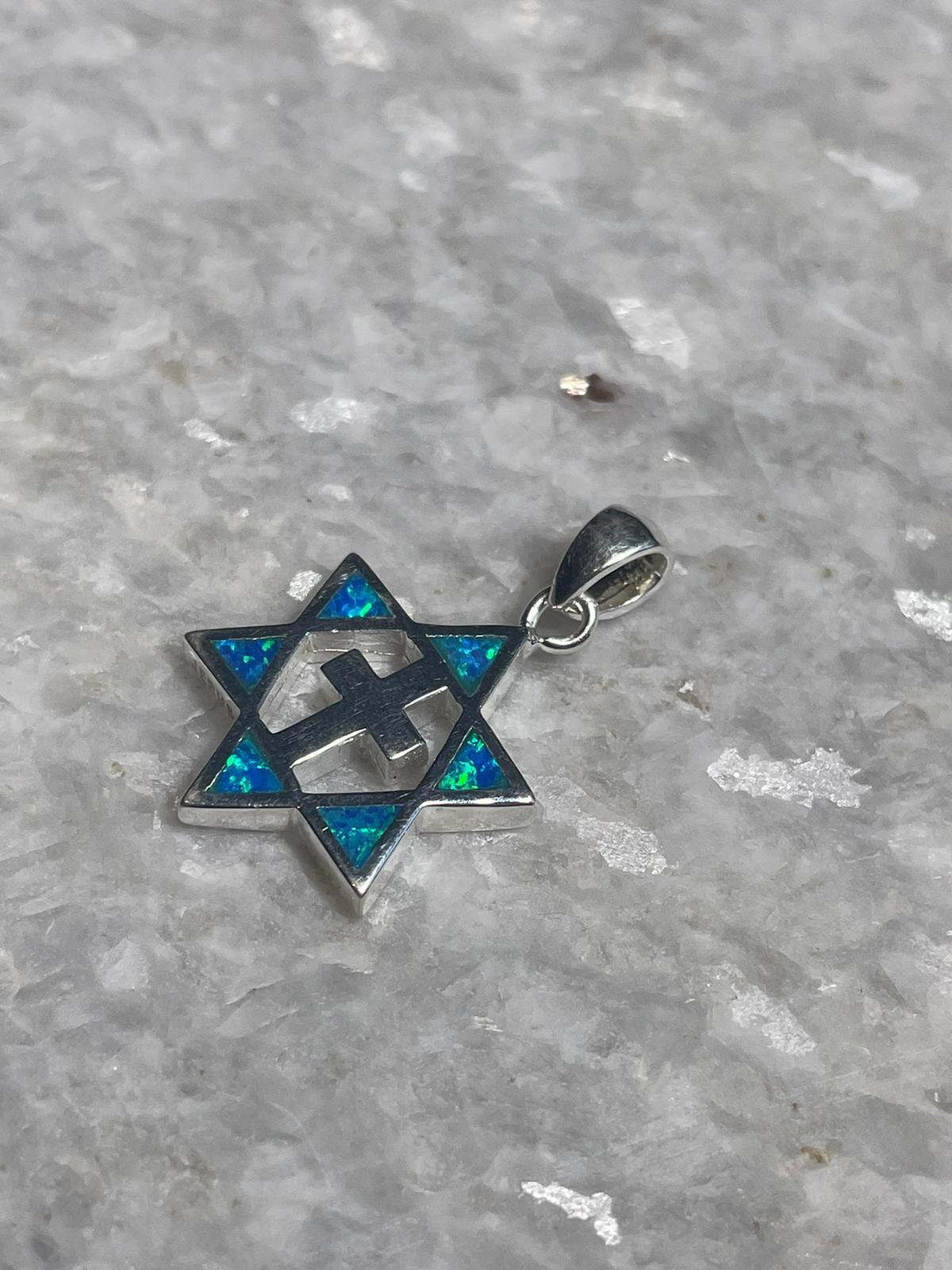Star of David and Cross Necklace, 925 Silver, opal necklace, blue and white opal pendant, christian jewelry, jerusalem jewelry, blue opal