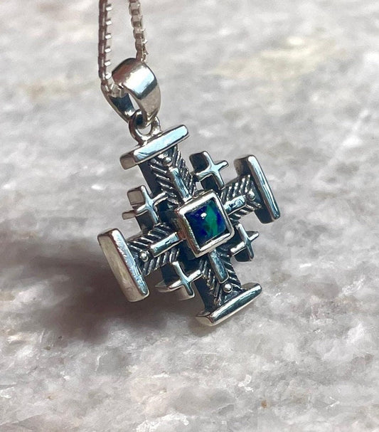 Jerusalem Cross Necklace, Eilat Stone Jewelry, 925 silver, Silver Cross Necklace, Christian gift, Religious Gift, gift for her, gift for him