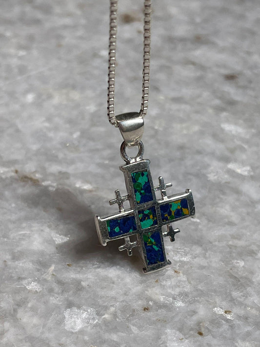 Jerusalem Cross Necklace, Eilat Stone Jewelry, 925 silver, Silver Cross Necklace, Christian gift, Religious Gift, gift for her, gift for him