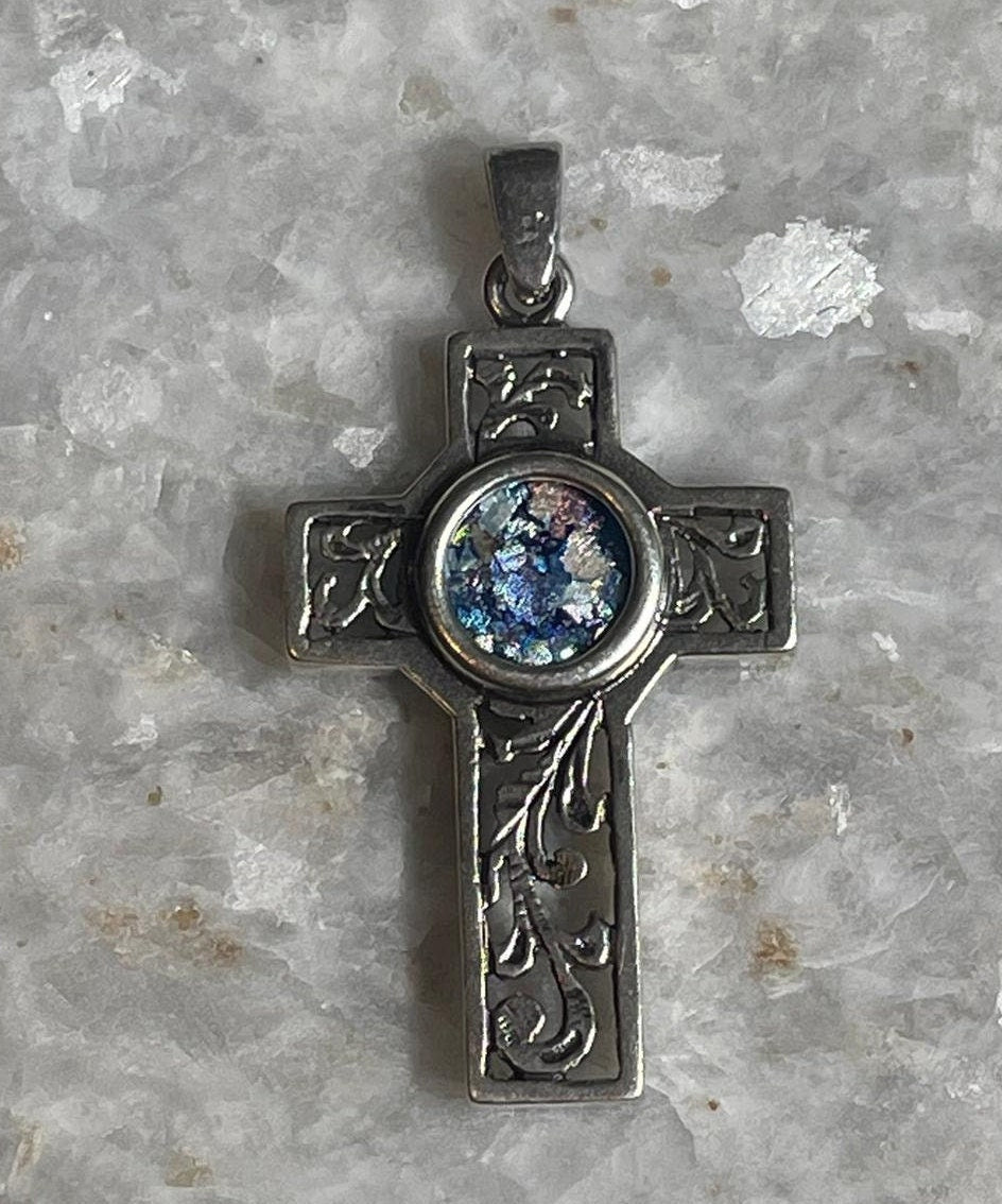 Cross Pendant with roman glass, 925 silver, christian gift, cross pendant, cross necklace, roman glass necklace, birthday unisex jewelry