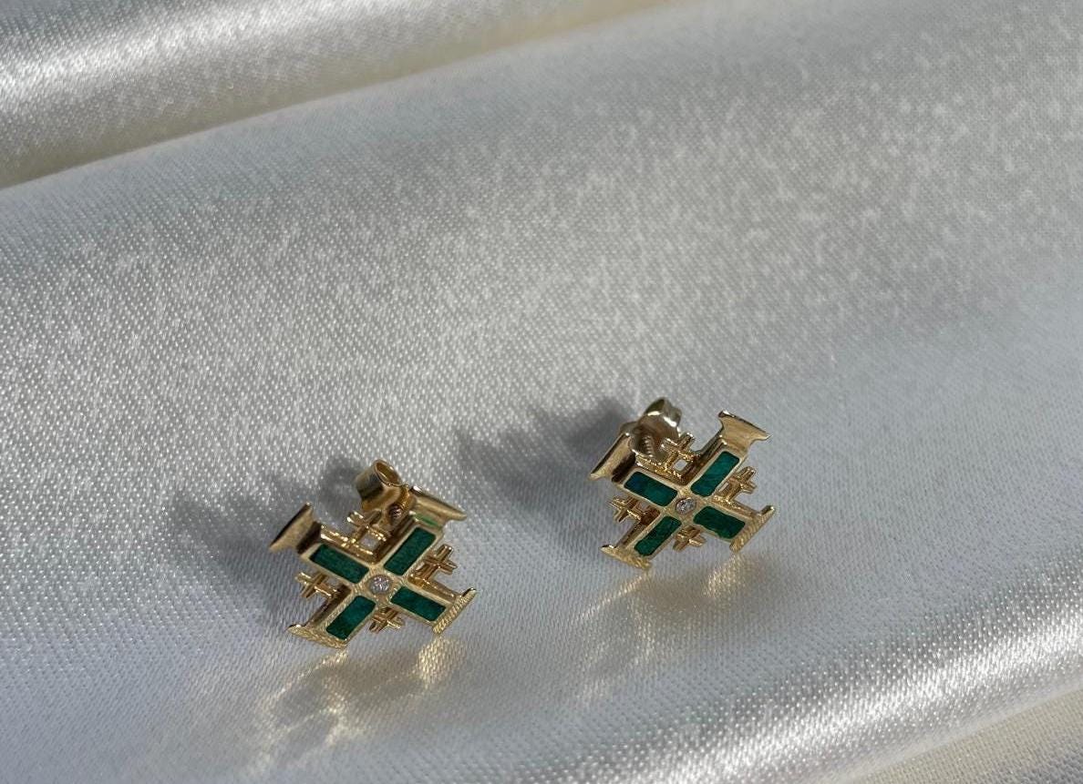 Jerusalem Cross Earrings With Eilat Stone and diamonds, 14K gold, Christmas gifts, cross earrings, eilat stone jewelry, natural Eilat stone