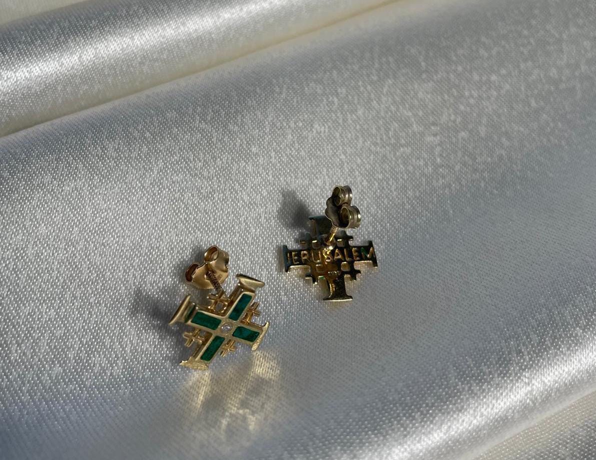 Jerusalem Cross Earrings With Eilat Stone and diamonds, 14K gold, Christmas gifts, cross earrings, eilat stone jewelry, natural Eilat stone
