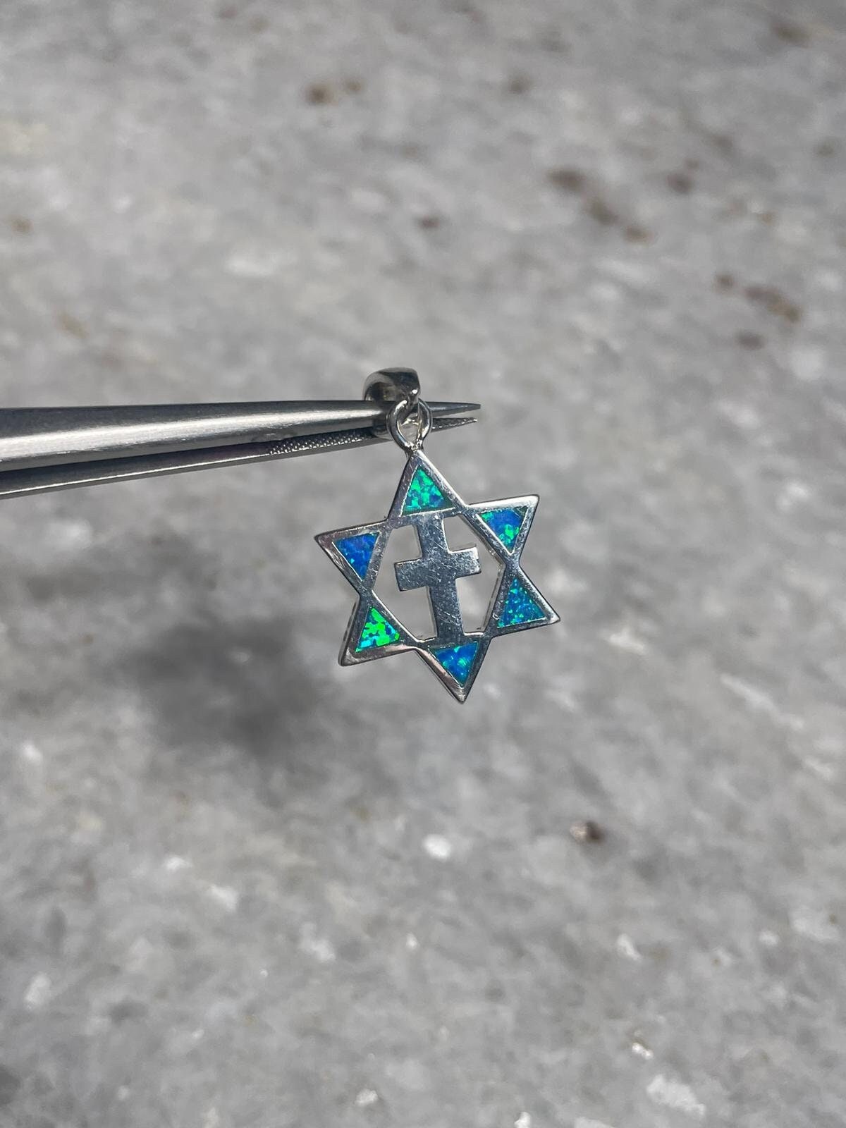 Star of David and Cross Necklace, 925 Silver, opal necklace, blue and white opal pendant, christian jewelry, jerusalem jewelry, blue opal