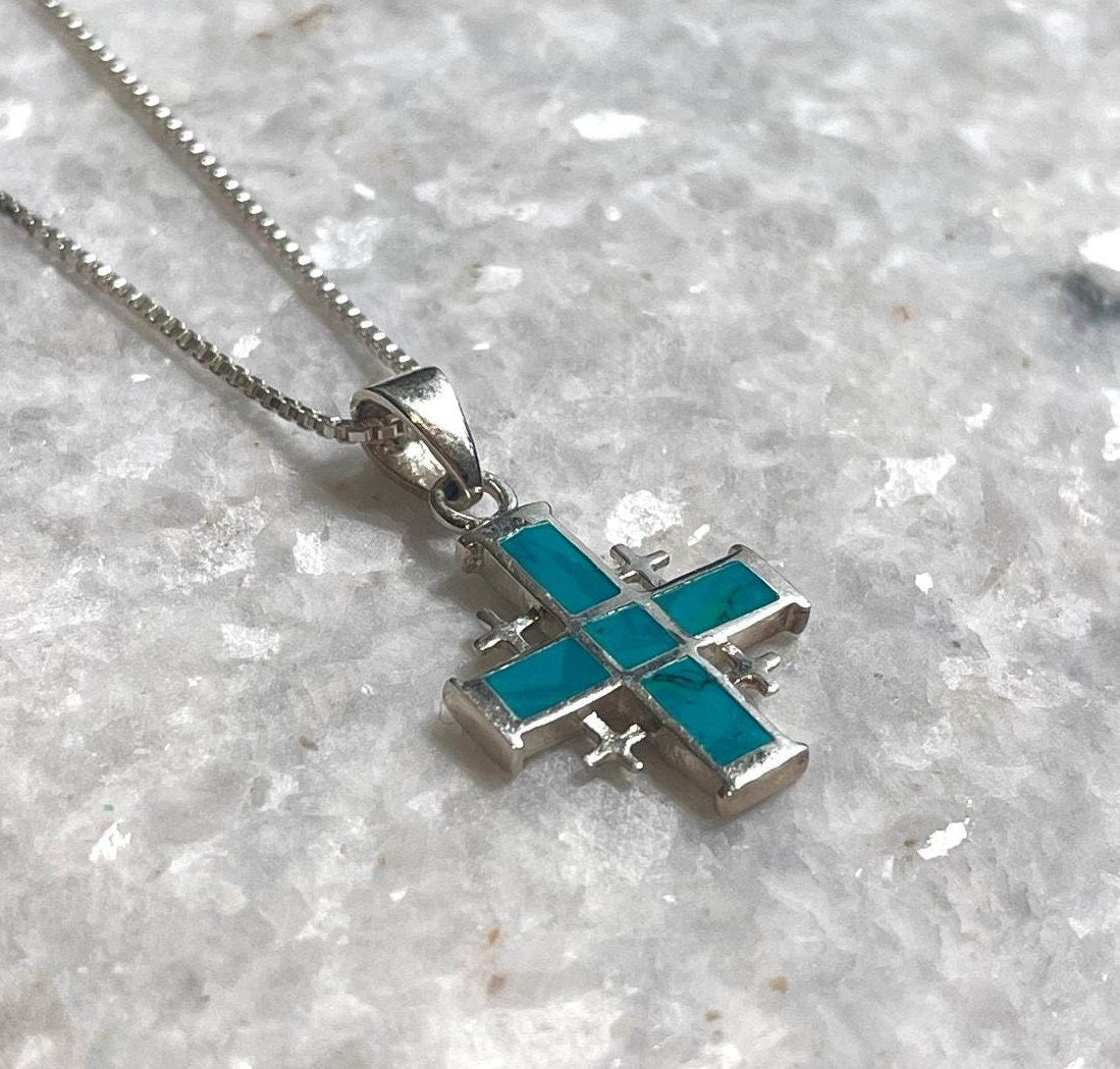 Jerusalem Cross Necklace, Eilat Stone Jewelry, 925 silver, Silver Cross Necklace, Christian gift, Religious Gift, gift for her, gift for him