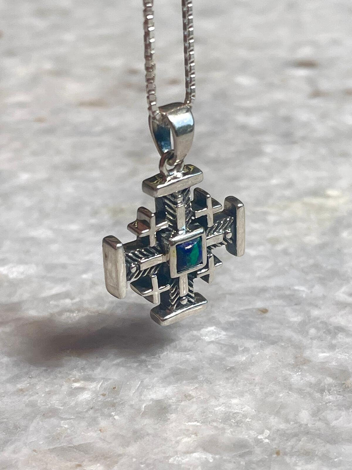 Jerusalem Cross Necklace, Eilat Stone Jewelry, 925 silver, Silver Cross Necklace, Christian gift, Religious Gift, gift for her, gift for him