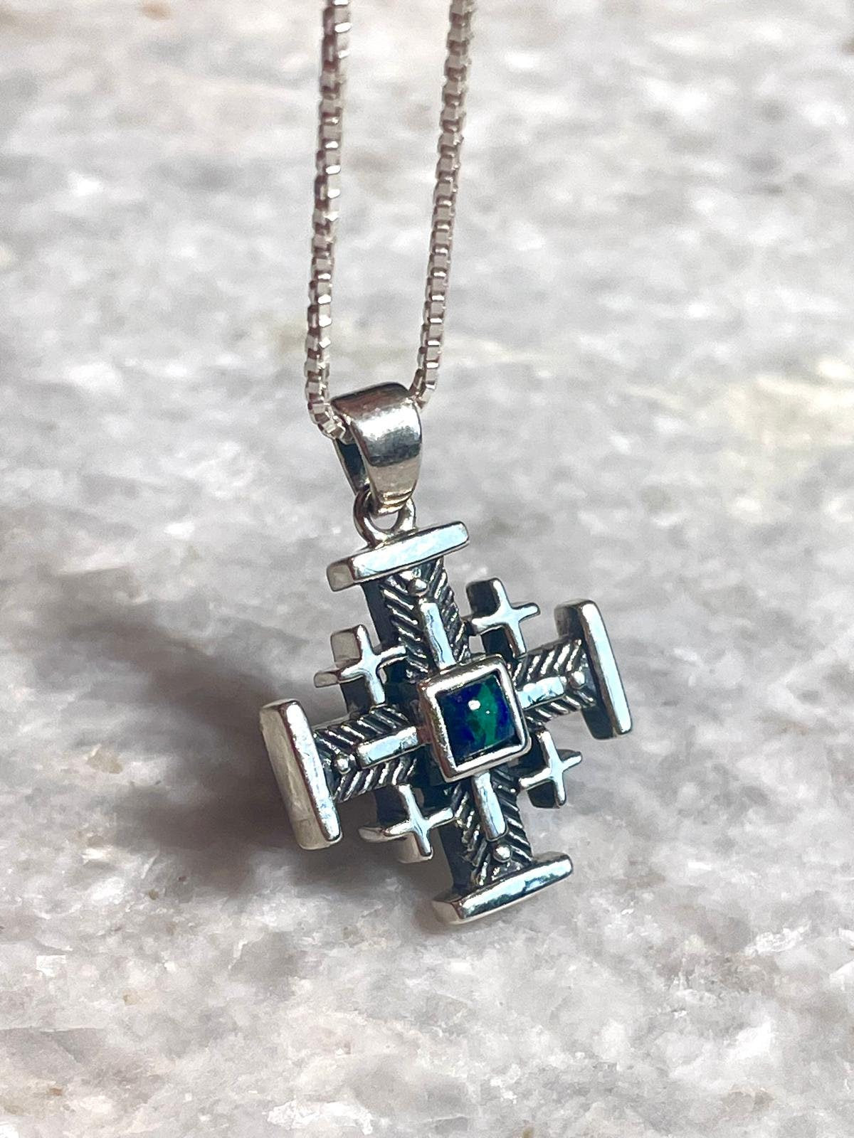 Jerusalem Cross Necklace, Eilat Stone Jewelry, 925 silver, Silver Cross Necklace, Christian gift, Religious Gift, gift for her, gift for him