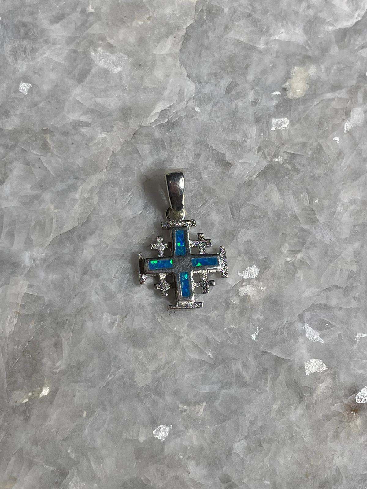 Jerusalem Cross Necklace, blue opal Jewelry, white opal pendant, 925 silver, Silver Necklace, Christian gift, opal cross, gift for her