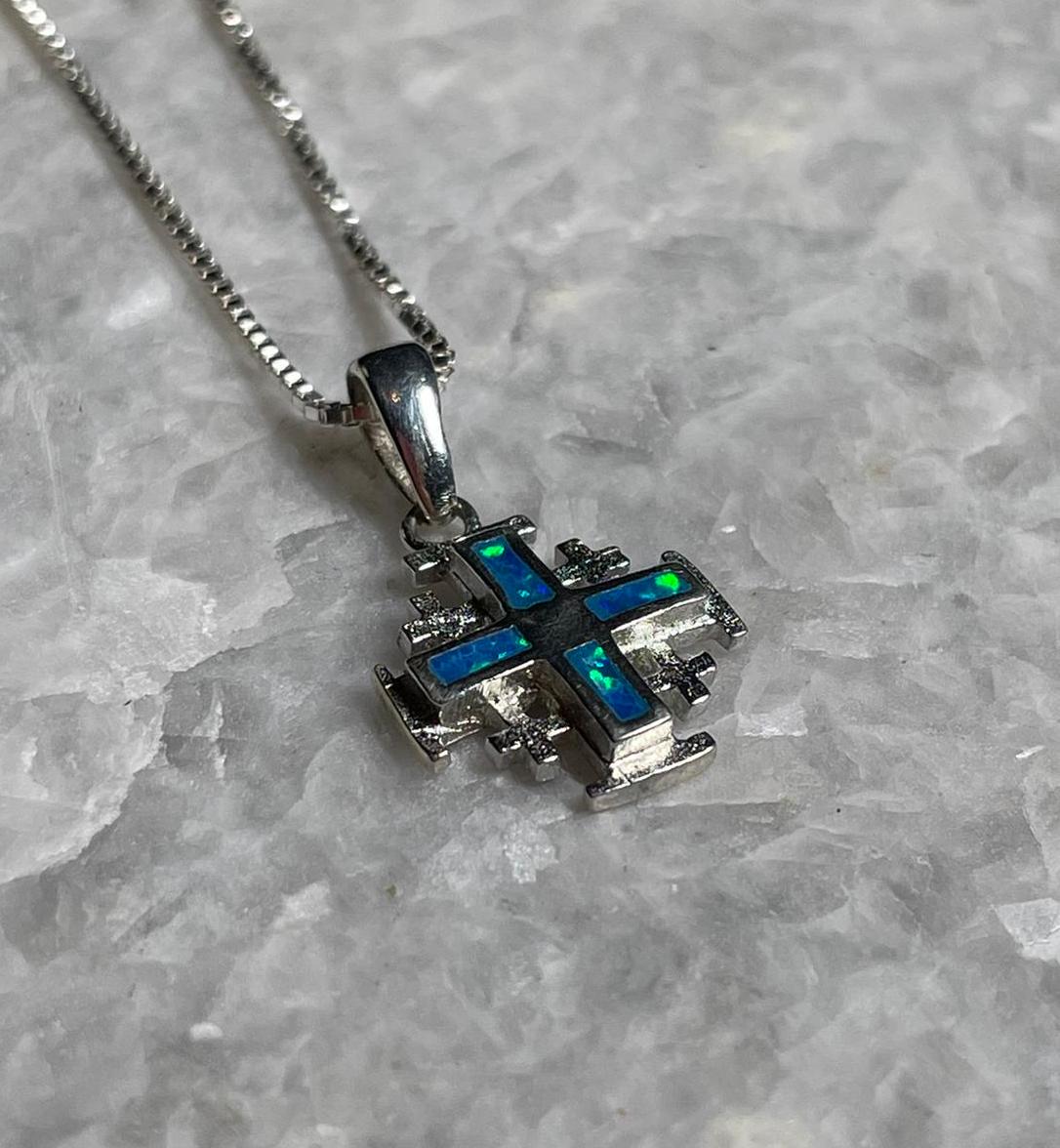 Jerusalem Cross Necklace, blue opal Jewelry, white opal pendant, 925 silver, Silver Necklace, Christian gift, opal cross, gift for her
