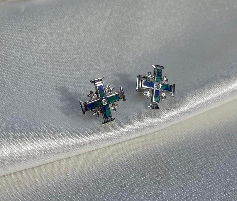 Jerusalem Cross Earrings With Eilat Stone and diamonds, 14K gold, Christmas gifts, cross earrings, eilat stone jewelry, natural Eilat stone