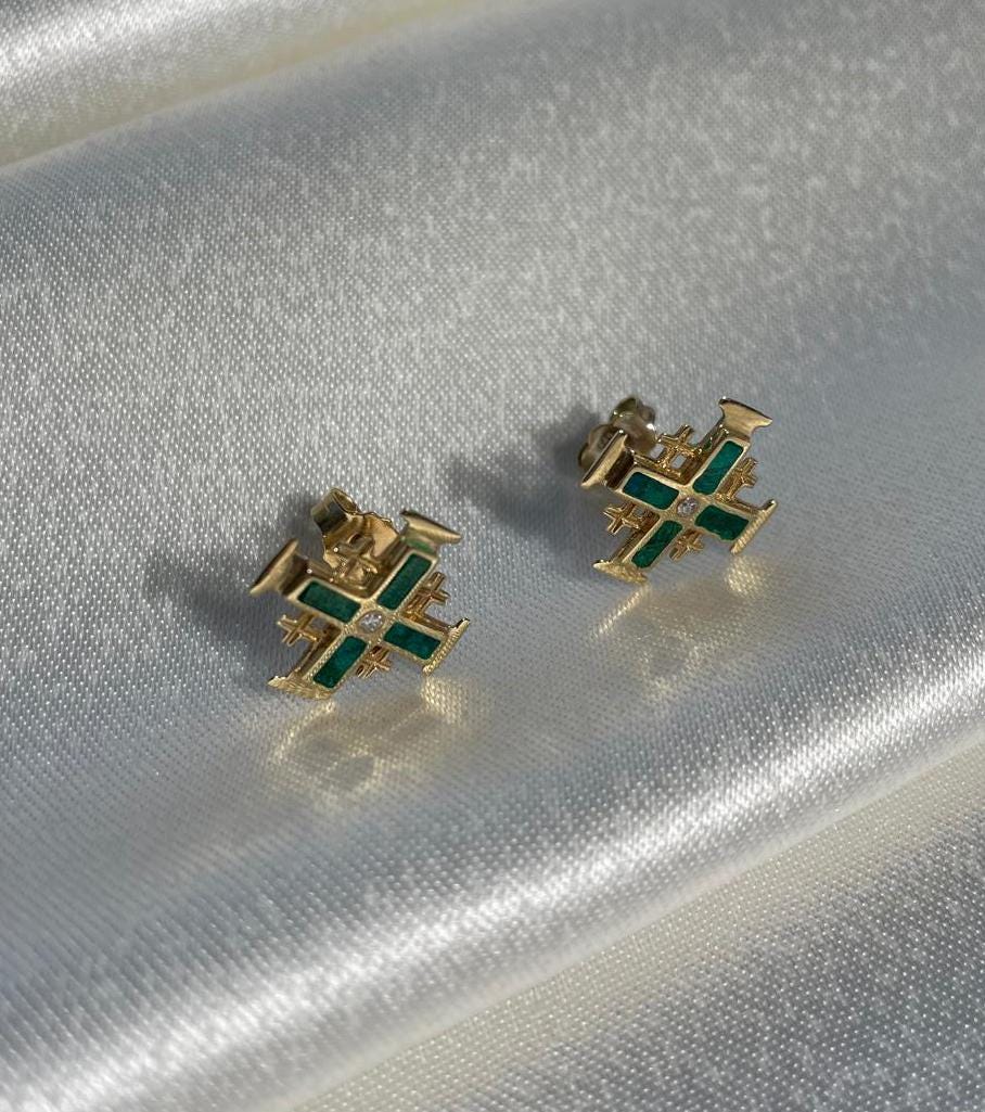 Jerusalem Cross Earrings With Eilat Stone and diamonds, 14K gold, Christmas gifts, cross earrings, eilat stone jewelry, natural Eilat stone