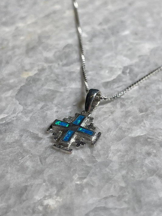 Jerusalem Cross Necklace, blue opal Jewelry, white opal pendant, 925 silver, Silver Necklace, Christian gift, opal cross, gift for her