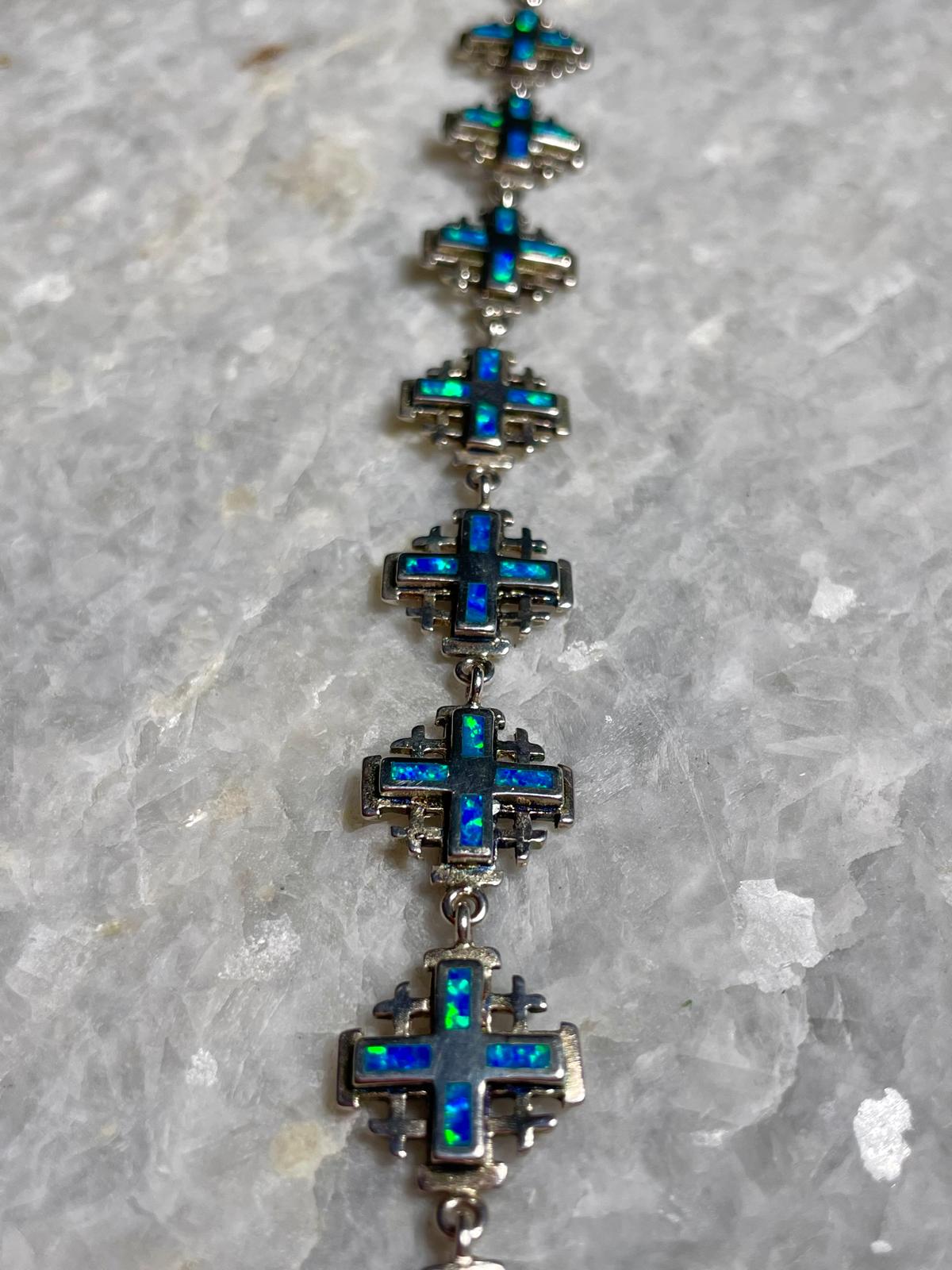 Jerusalem Cross Bracelets, blue opal Jewelry, 925 silver, Silver Cross Bracelets, Christian gift, Religious Gift, gift for her