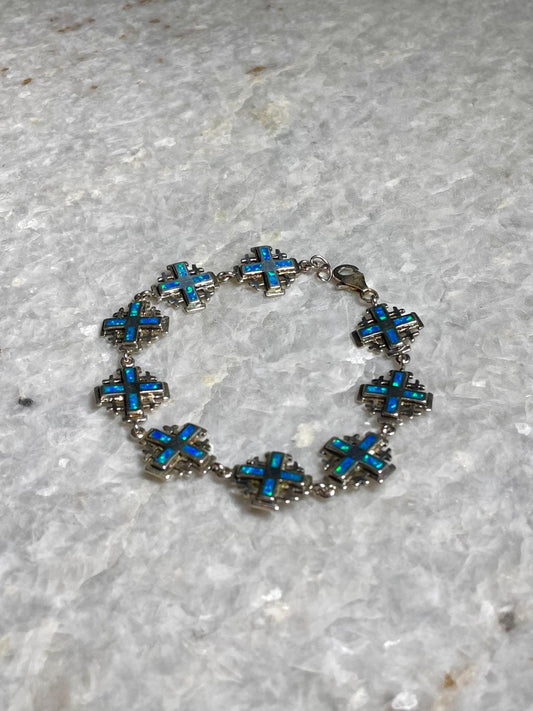 Jerusalem Cross Bracelets, blue opal Jewelry, 925 silver, Silver Cross Bracelets, Christian gift, Religious Gift, gift for her
