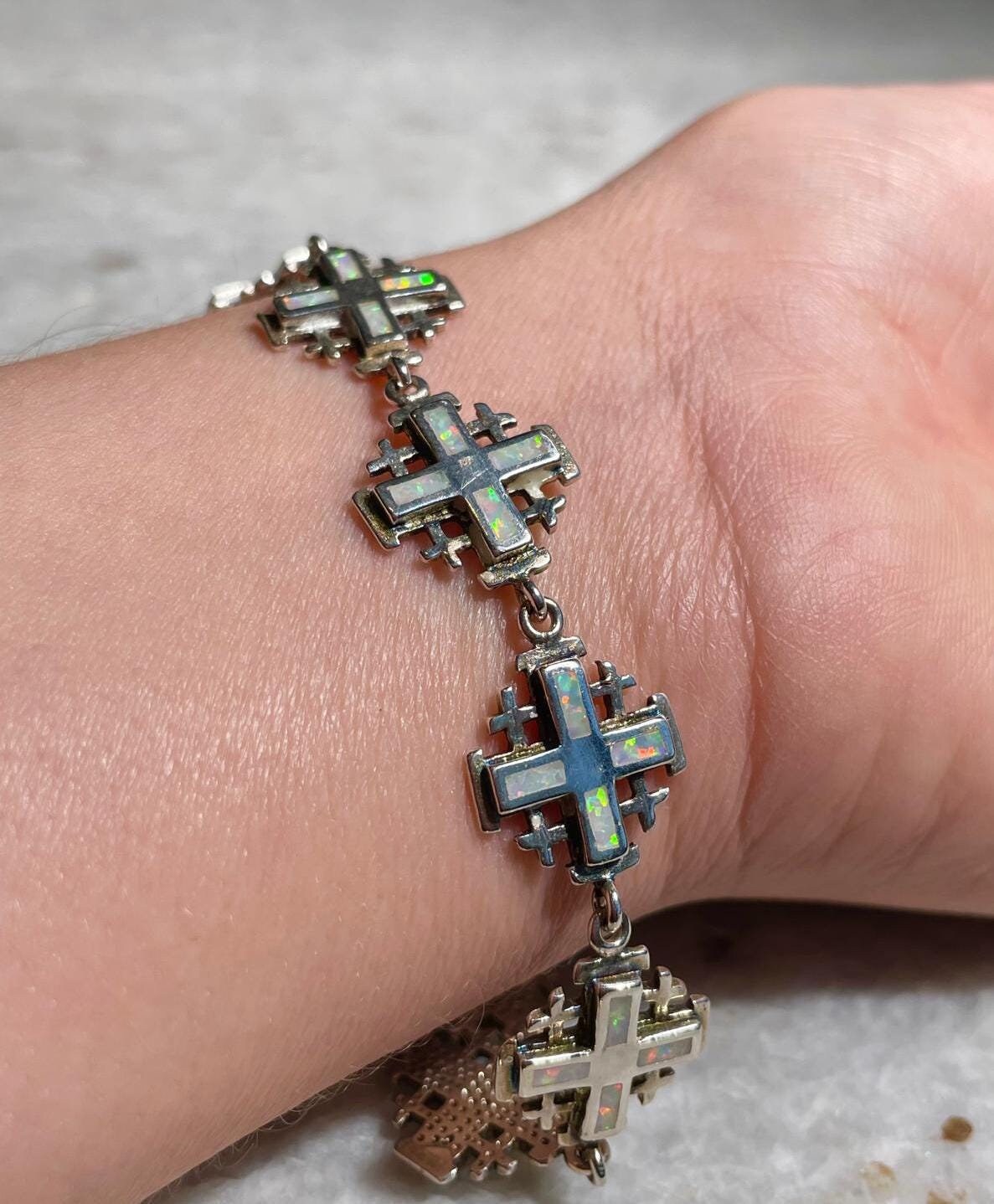 Jerusalem Cross Bracelets, blue opal Jewelry, 925 silver, Silver Cross Bracelets, Christian gift, Religious Gift, gift for her