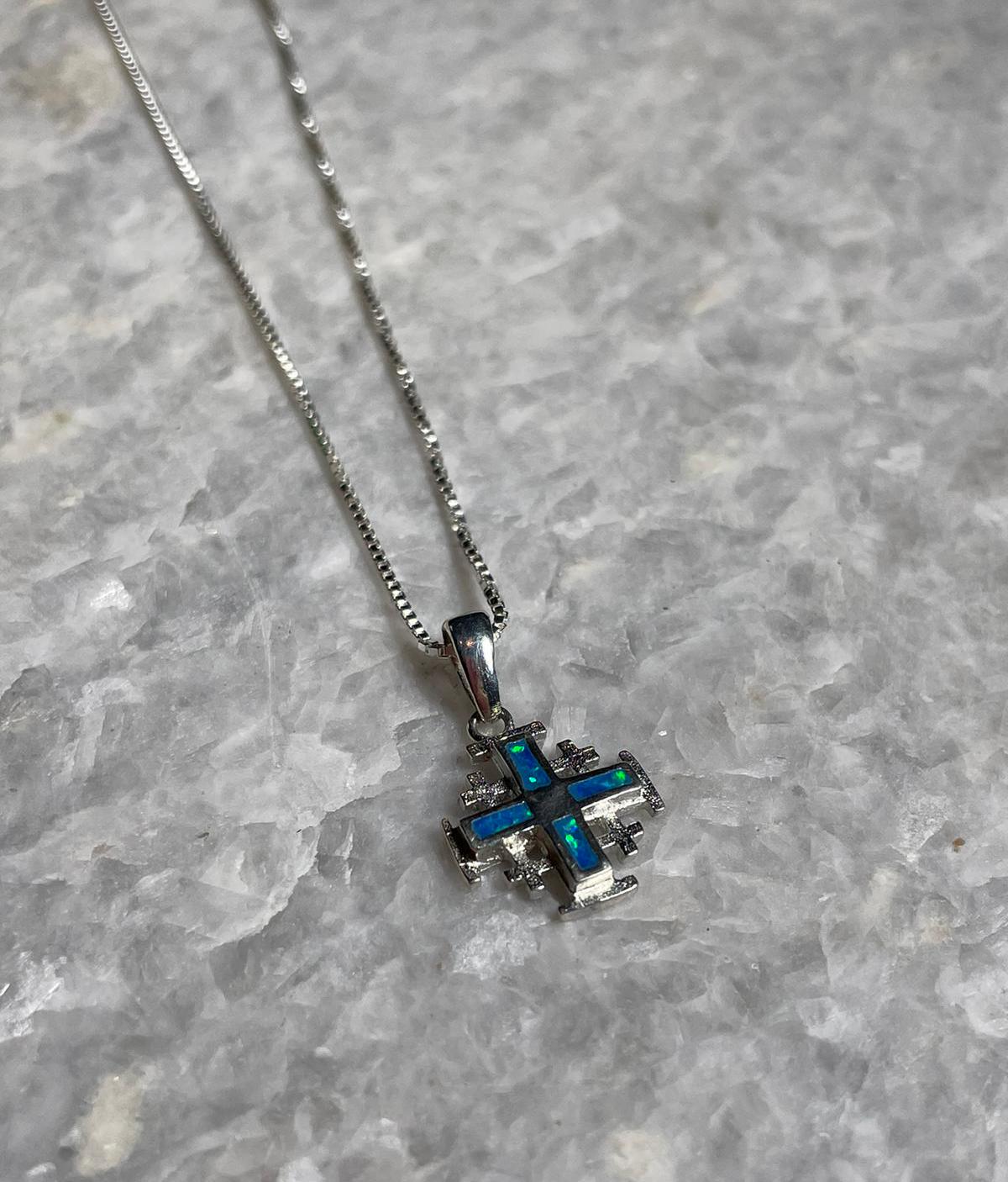 Jerusalem Cross Necklace, blue opal Jewelry, white opal pendant, 925 silver, Silver Necklace, Christian gift, opal cross, gift for her