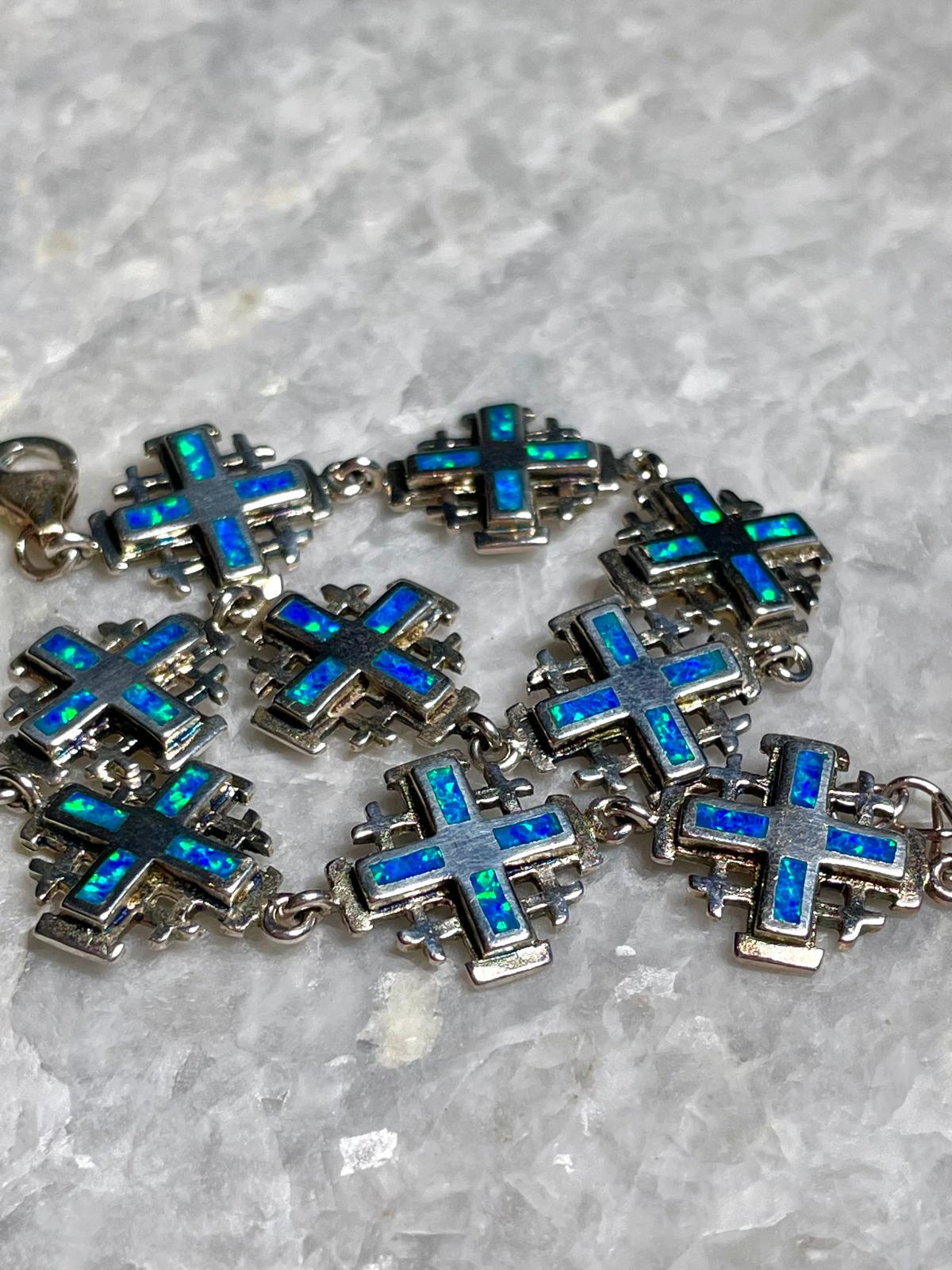 Jerusalem Cross Bracelets, blue opal Jewelry, 925 silver, Silver Cross Bracelets, Christian gift, Religious Gift, gift for her
