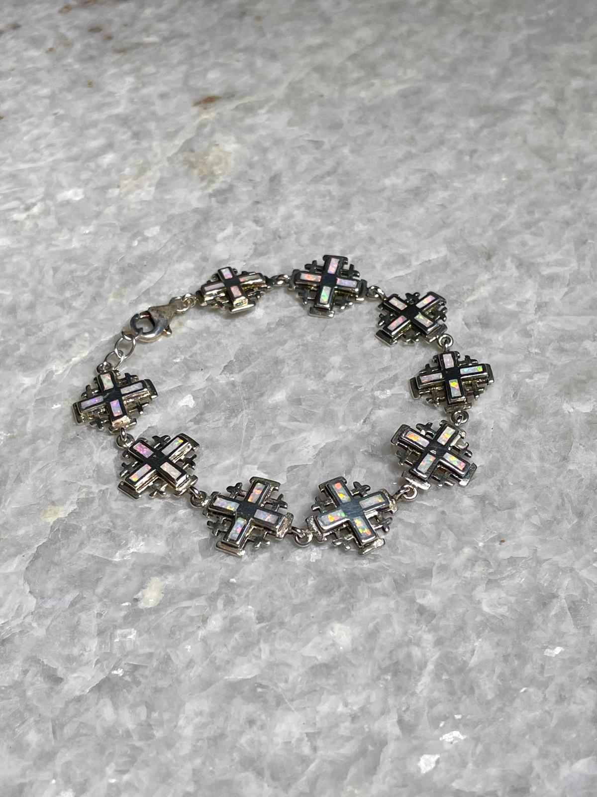 Jerusalem Cross Bracelets, blue opal Jewelry, 925 silver, Silver Cross Bracelets, Christian gift, Religious Gift, gift for her