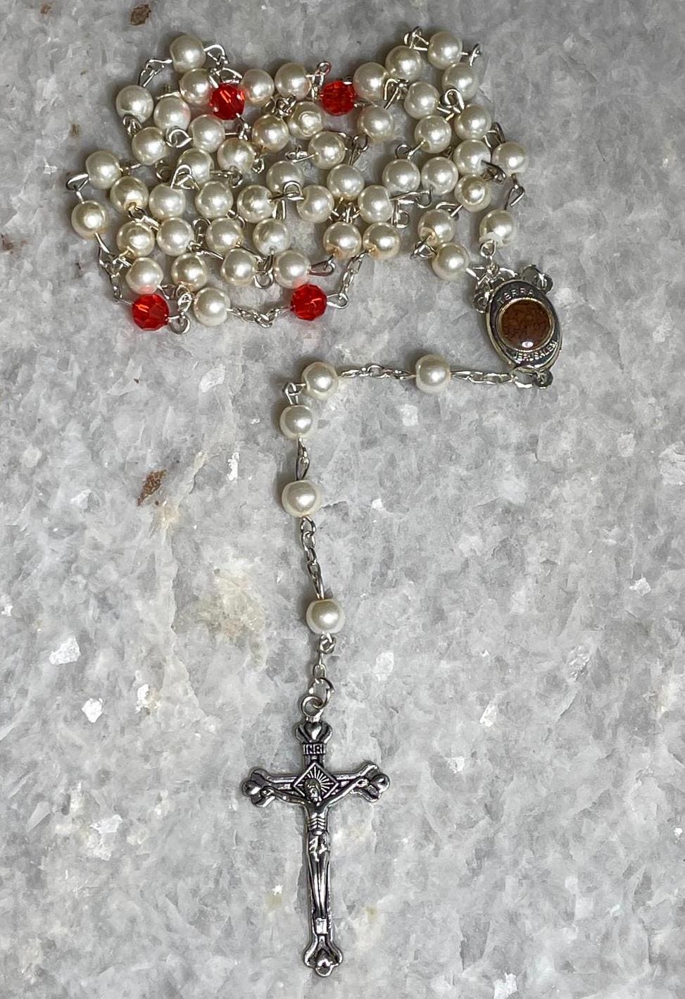 Pearl Rosary beads from The Holy Land with Crucifix, rosary beads pearl like, soil from the holy land, white rosary, Valentines Day gift