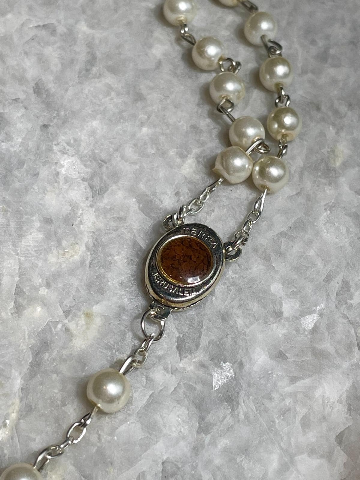 Pearl Rosary beads from The Holy Land with Crucifix, rosary beads pearl like, soil from the holy land, white rosary, Valentines Day gift