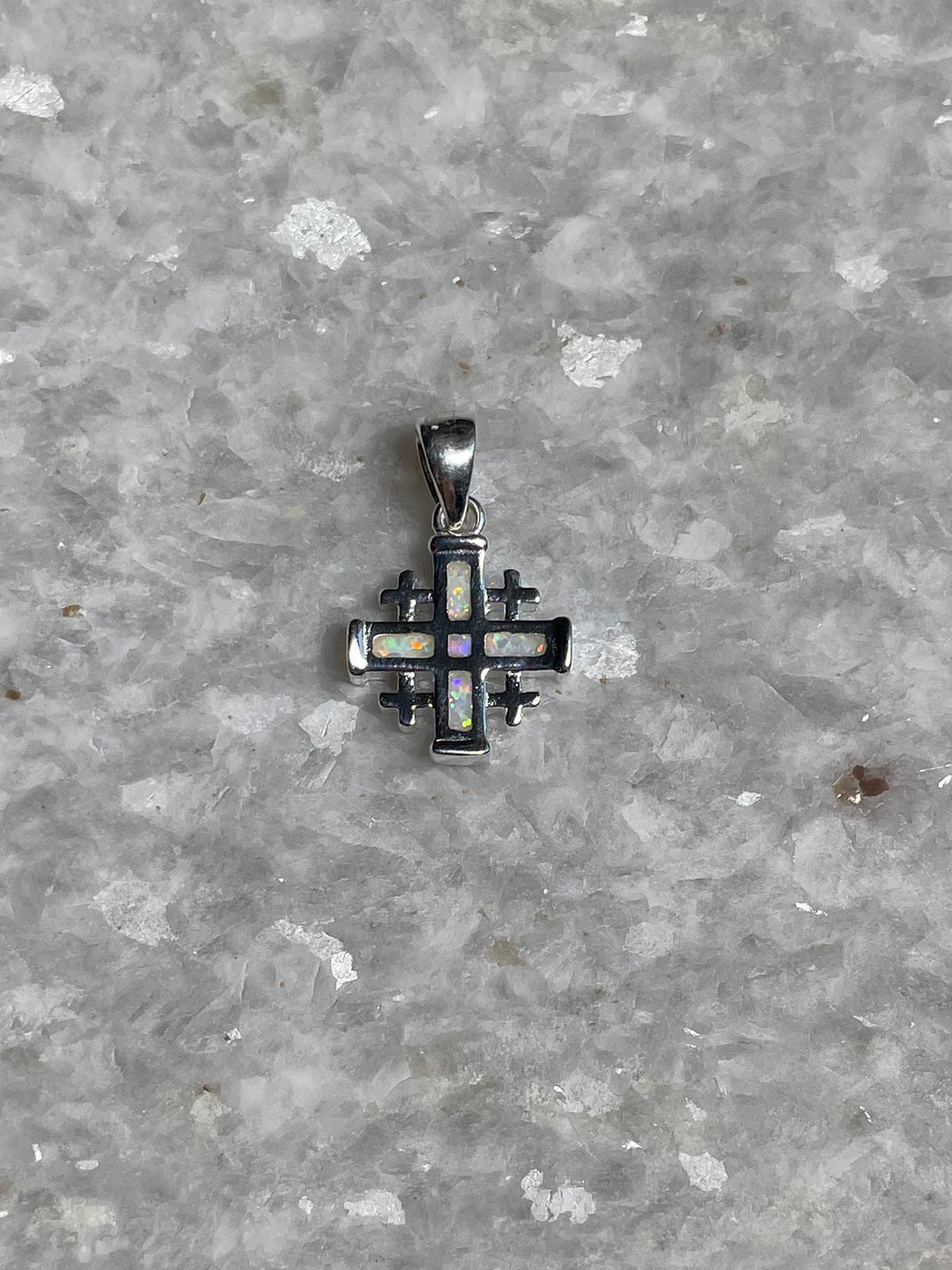 Jerusalem Cross Necklace, blue opal Jewelry, white opal pendant, 925 silver, Silver Necklace, Christian gift, opal cross, gift for her