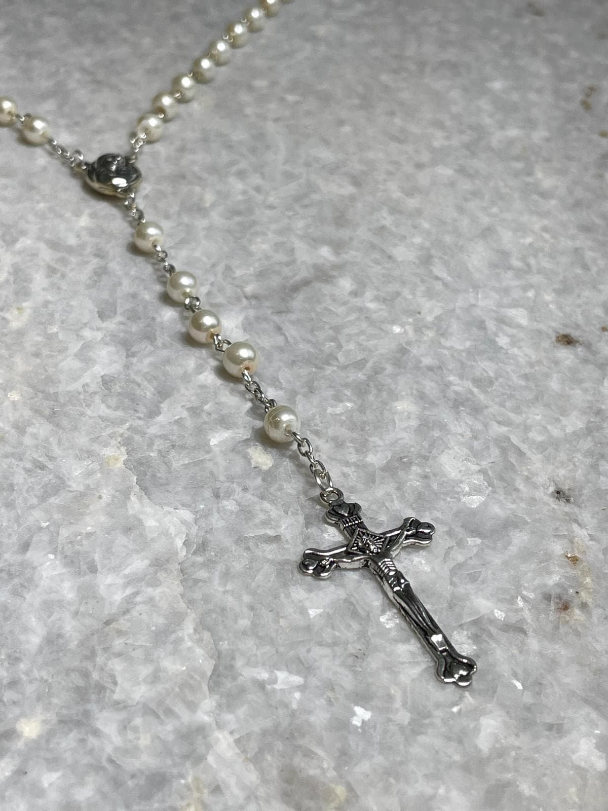 Pearl Rosary beads from The Holy Land with Crucifix, rosary beads pearl like, soil from the holy land, white rosary, Valentines Day gift