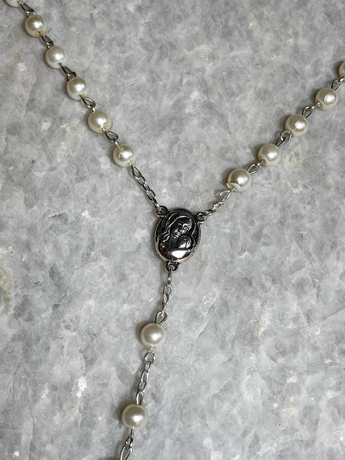Pearl Rosary beads from The Holy Land with Crucifix, rosary beads pearl like, soil from the holy land, white rosary, Valentines Day gift