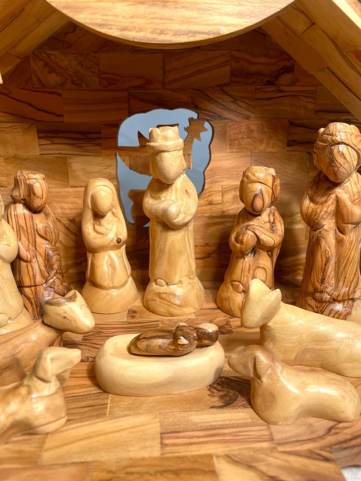 Nativity Scene In Cave Made of Olive Wood with Music Box, Hand Carved, Handmade olive wood, Christmas Decor, Gift for Christmas, music box