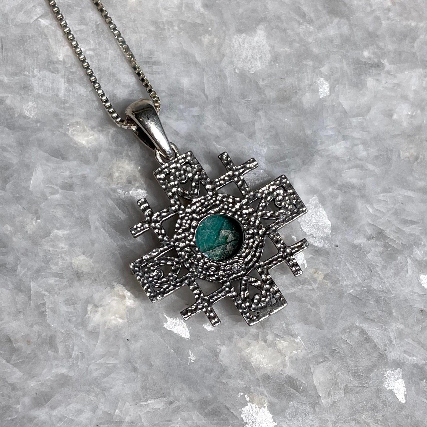 Jerusalem Cross Pendant with roman glass, 925 silver, christian gift, cross pendant, cross necklace, roman glass necklace, birthday jewelry