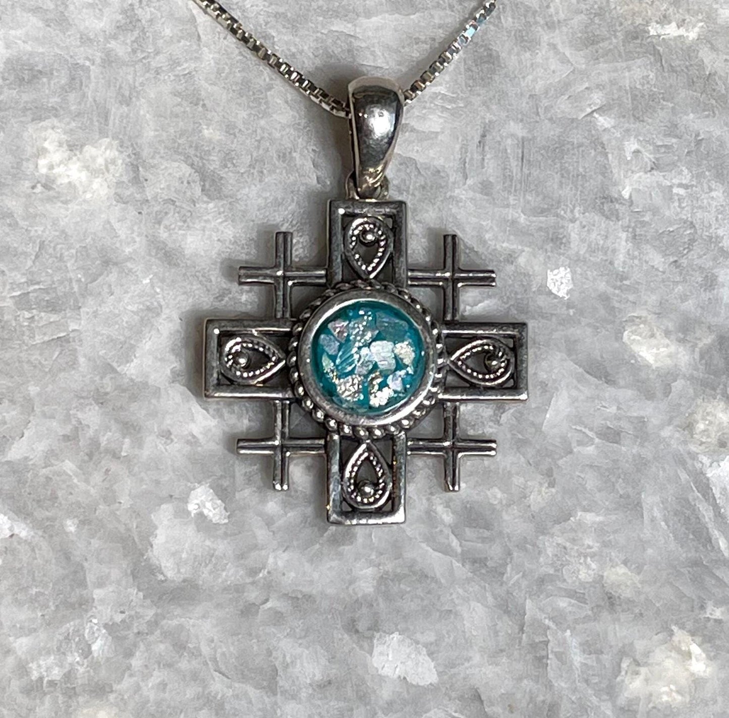 Jerusalem Cross Pendant with roman glass, 925 silver, christian gift, cross pendant, cross necklace, roman glass necklace, birthday jewelry