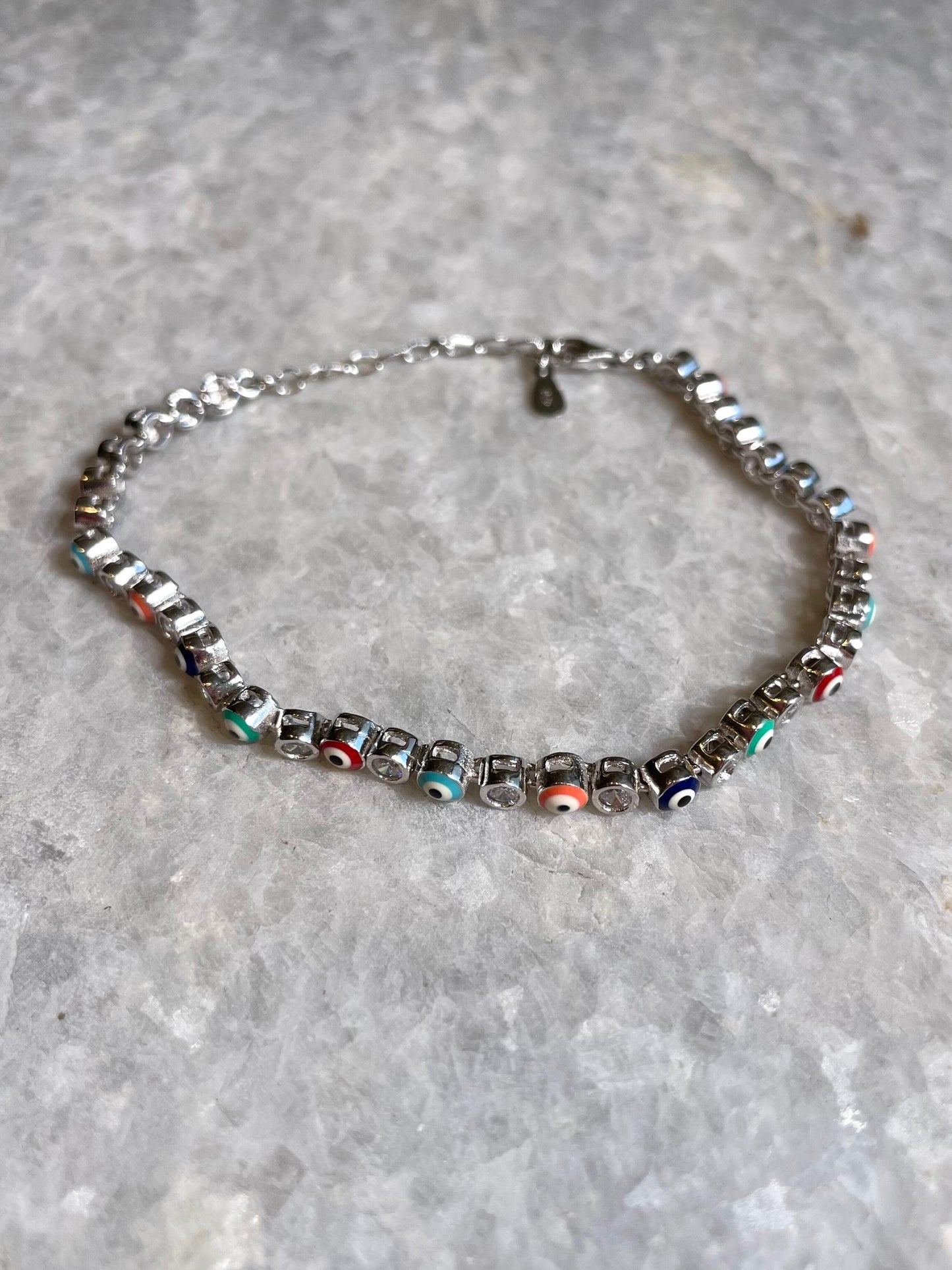 Silver Evil Eye Bracelet with Multicolor Enamel Beads and CZ Stones - Protection & Elegance, bat mitzvah gift, bar mitzvah gift, Evil Eye