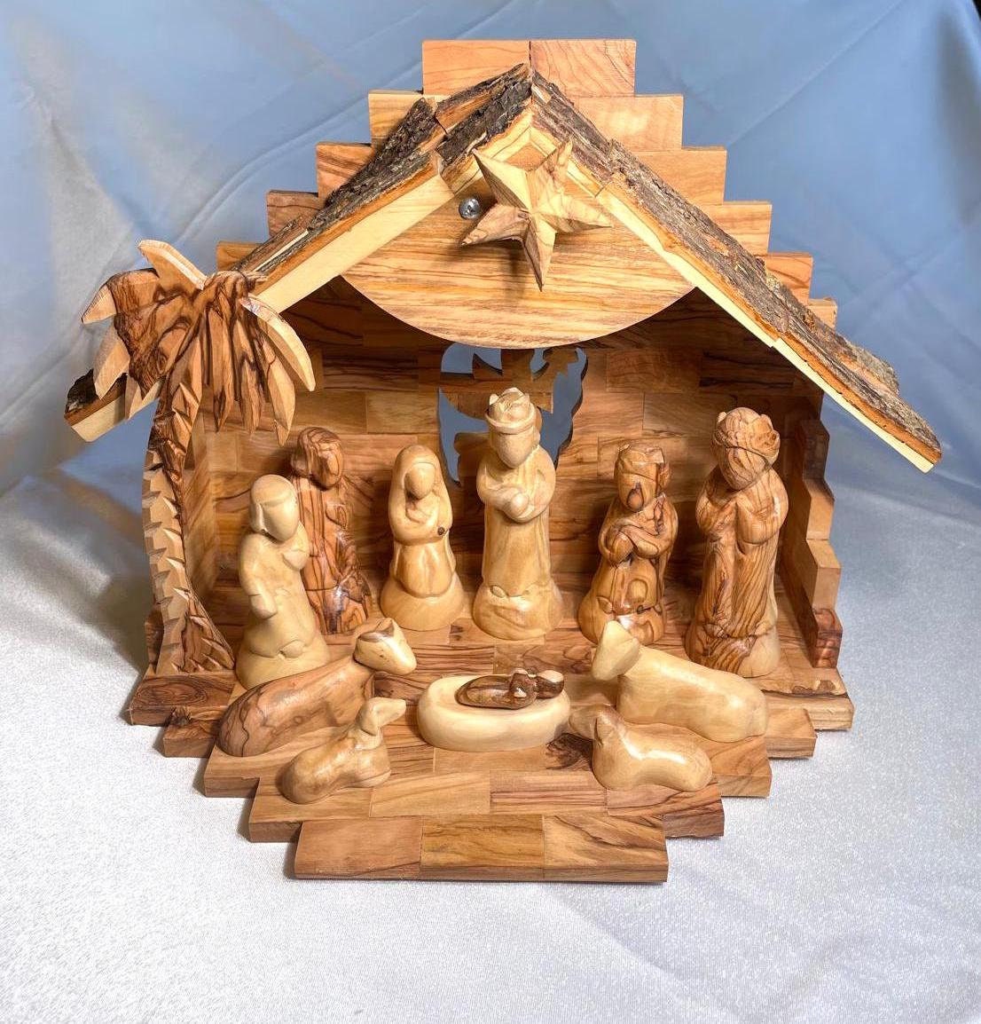 Nativity Scene In Cave Made of Olive Wood with Music Box, Hand Carved, Handmade olive wood, Christmas Decor, Gift for Christmas, music box