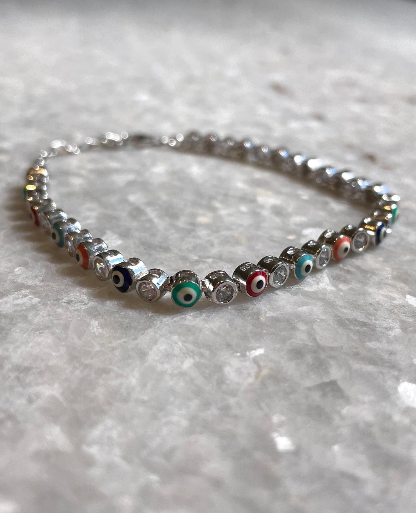 Silver Evil Eye Bracelet with Multicolor Enamel Beads and CZ Stones - Protection & Elegance, bat mitzvah gift, bar mitzvah gift, Evil Eye