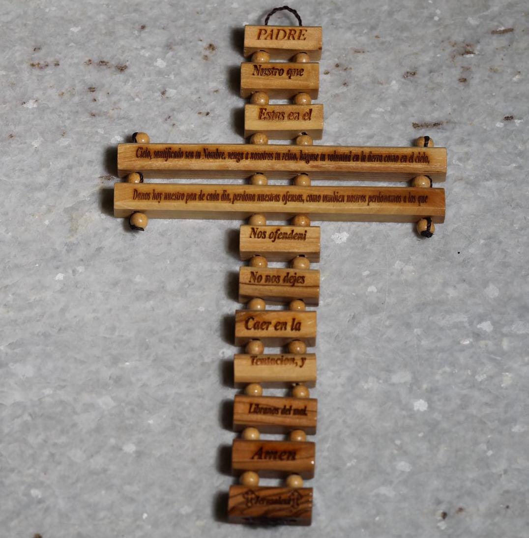 Olive Wood Cross Blessing Our Father Prayer, Carving on olive wood, hand made in the Holy Land with shape of Holy cross, blessing for home